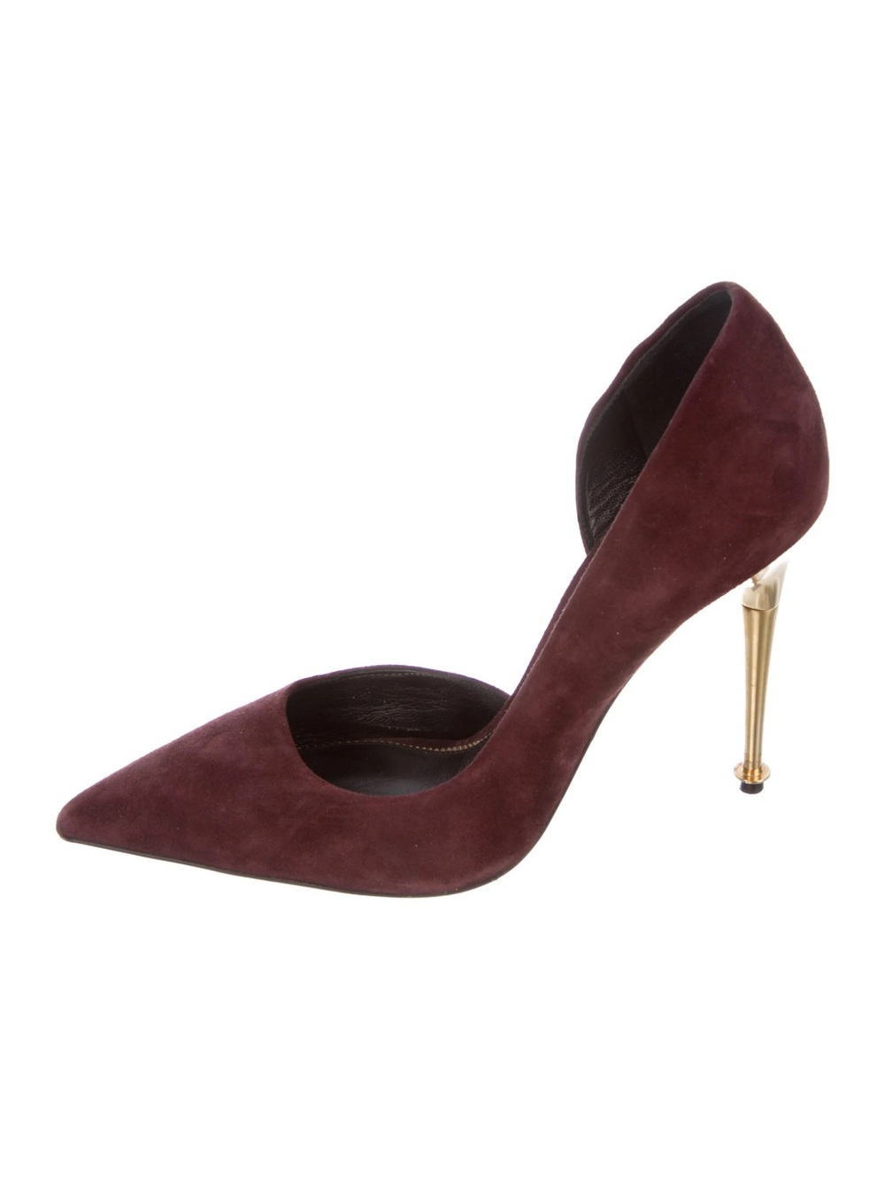 Tom Ford oxblood Burgundy Suede Pointed D'Orsay Pump with Gold Stiletto Heel